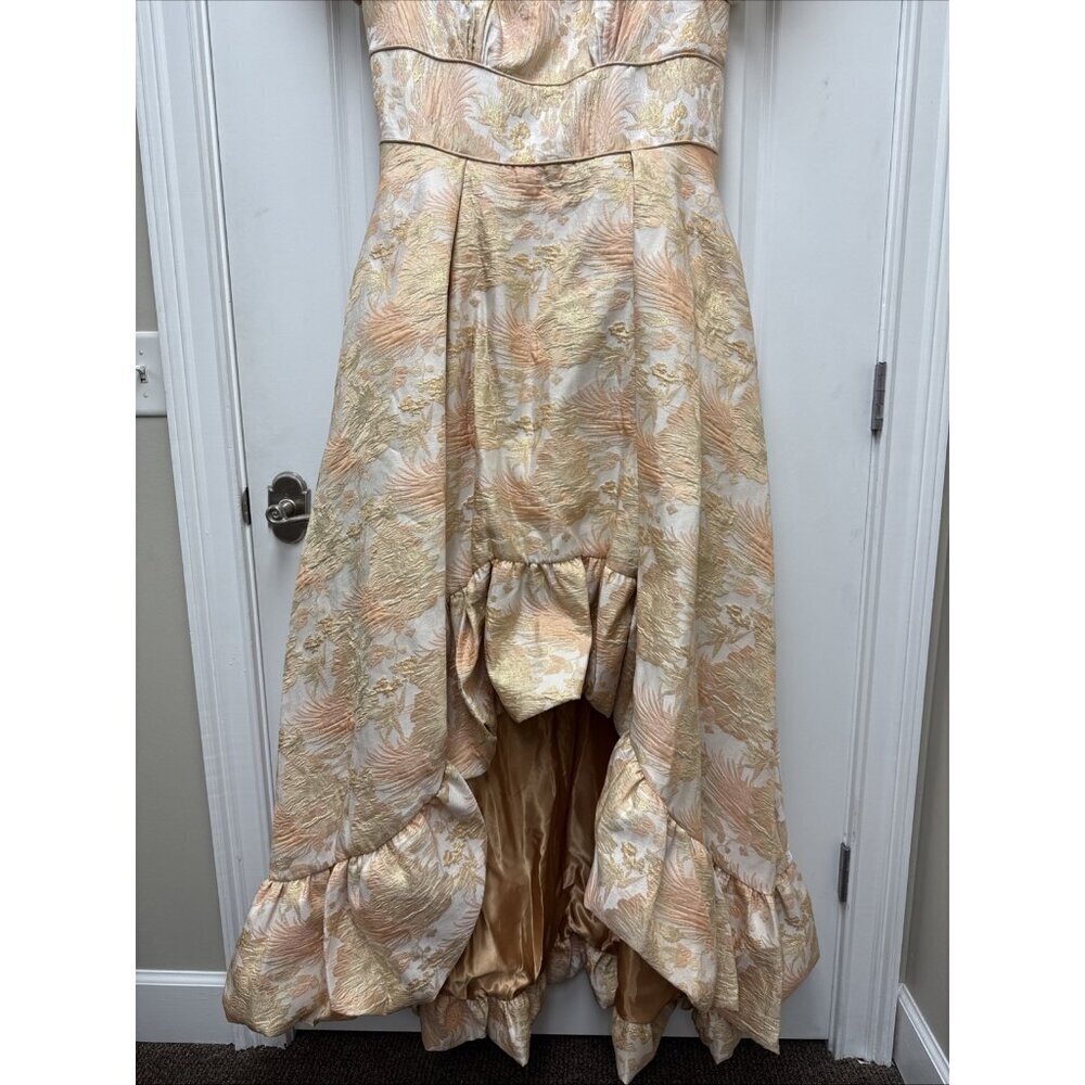 MAC DUGGAL Size 14 Peach Floral Brocade 68276 Puff Sleeve High Low Gown Dress - Picture 6 of 10